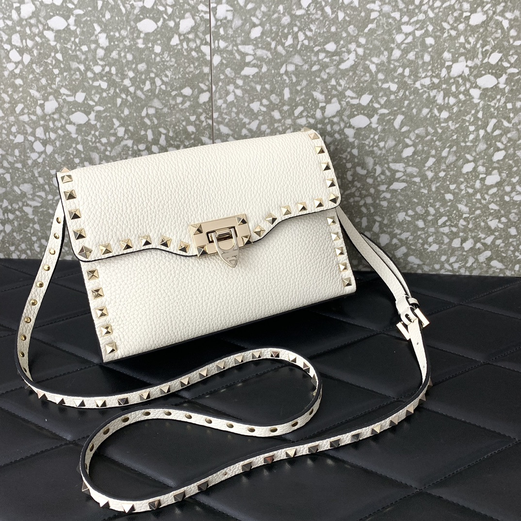 Valentino Garavani Rockstud Crossbody Bag in Ivory Grainy Calfskin